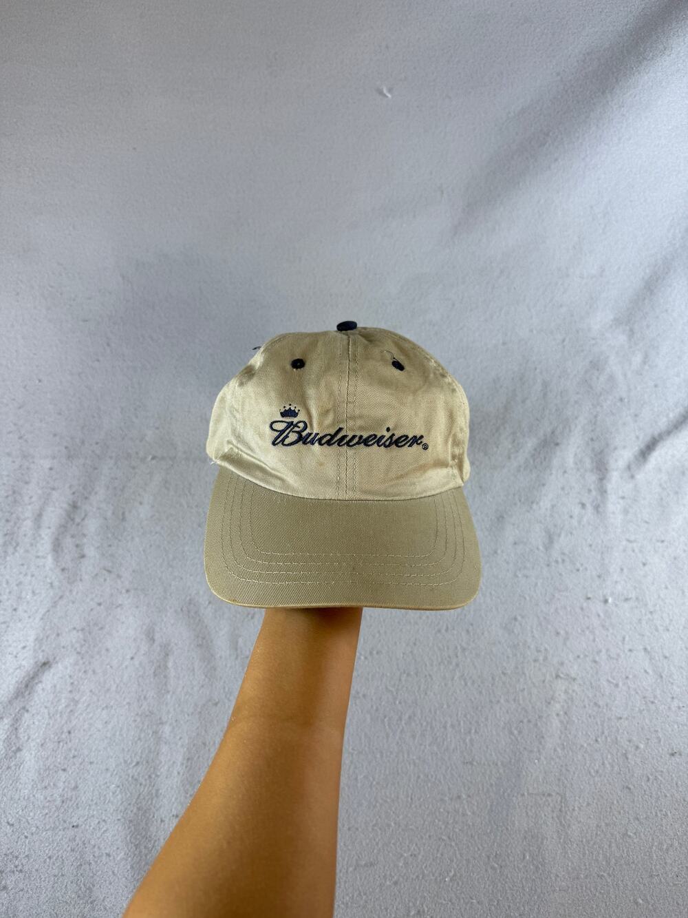 Vintage Budweiser Hat Mens OSFA Beige Tan Embroidered Logo Strapback Beer Promo